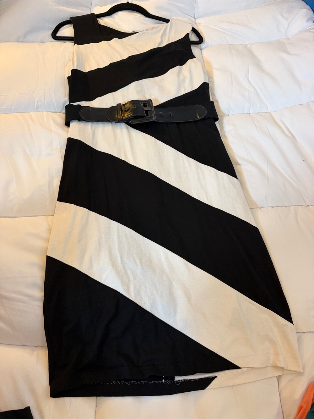 Black and White Diagonal Stripe Pencil Dress with Belt